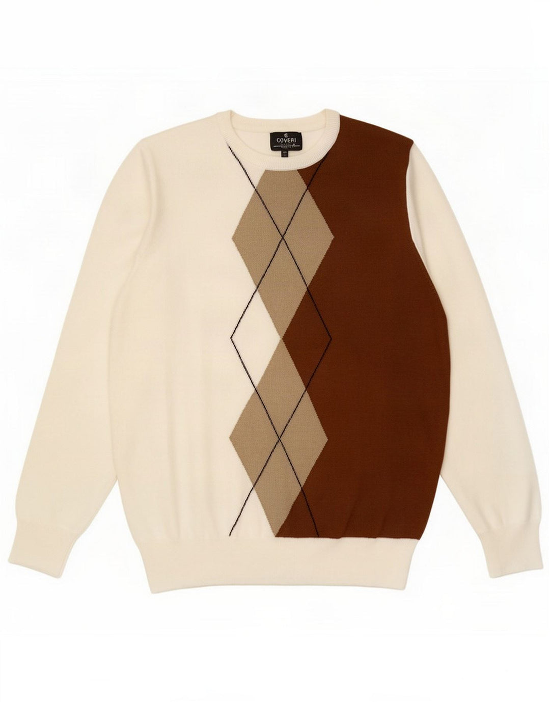 Coveri Womens Crew Neck Jumper Sweater Large White Argyle/Diamond