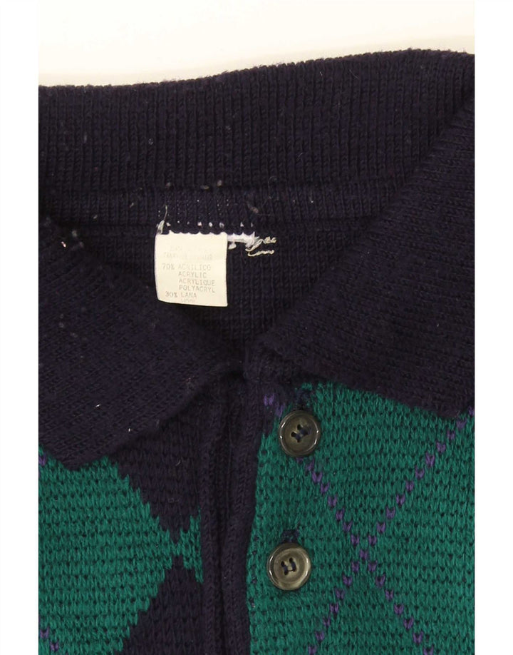 Vintage Mens Polo Neck Jumper Sweater Large Navy Blue Argyle/Diamond