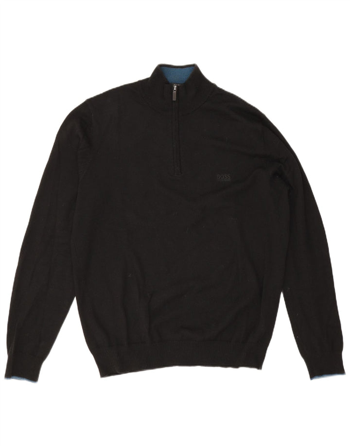 Hugo Boss Mens Regular Fit Zip Neck Jumper Sweater Large Black Wool