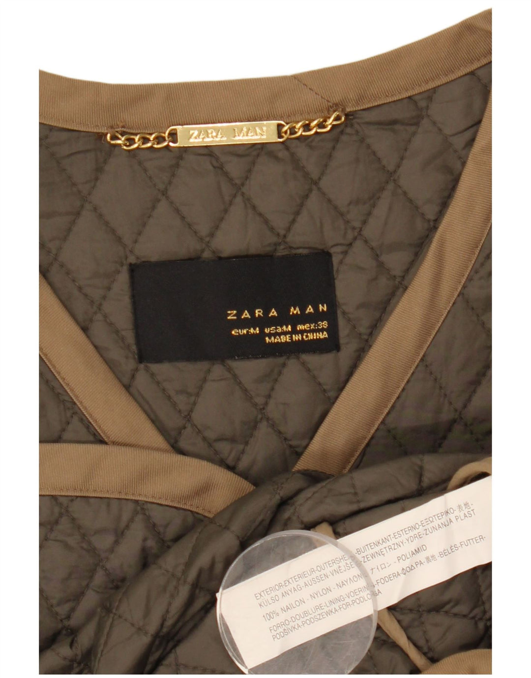 Zara Mens Quilted Jacket UK 38 Medium Khaki Nylon