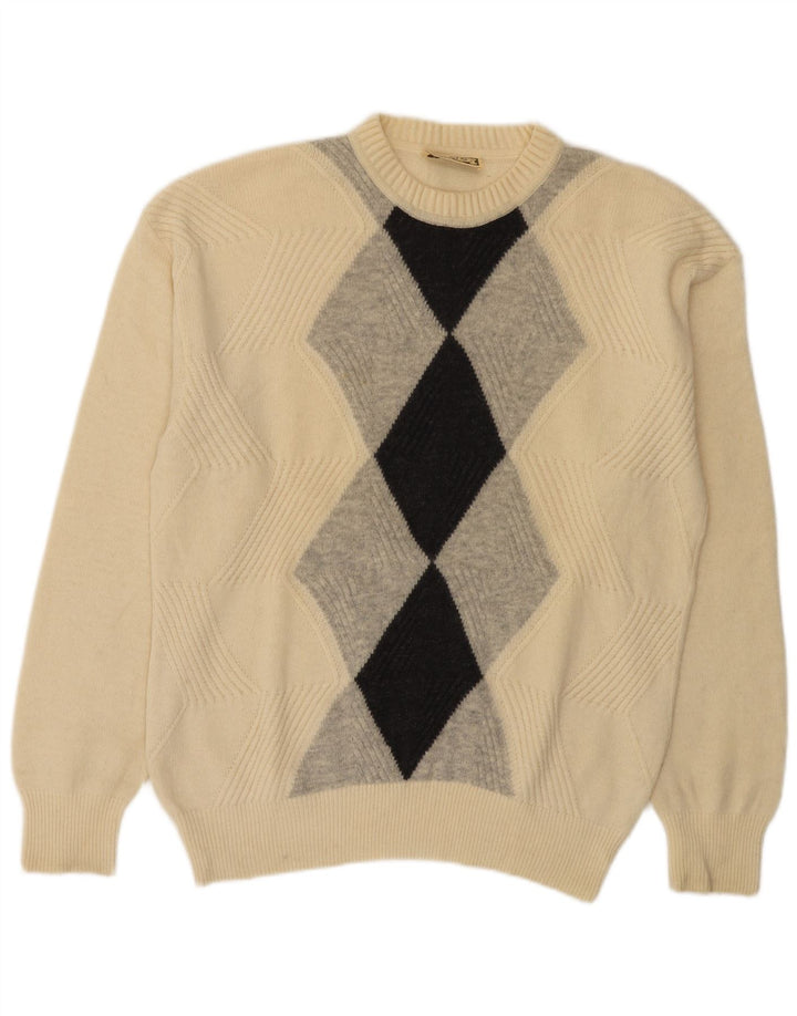 Vintage Mens Crew Neck Jumper Sweater IT 50 Medium Off White Argyle/Diamond