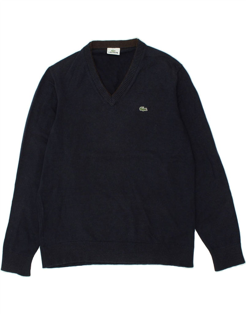 LACOSTE Mens V-Neck Jumper Sweater Size 5 Large Navy Blue Cotton | Vintage Lacoste | Thrift | Second-Hand Lacoste | Used Clothing | Messina Hembry 