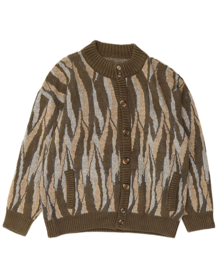 Vintage Mens Cardigan Sweater Large Khaki Striped Acrylic