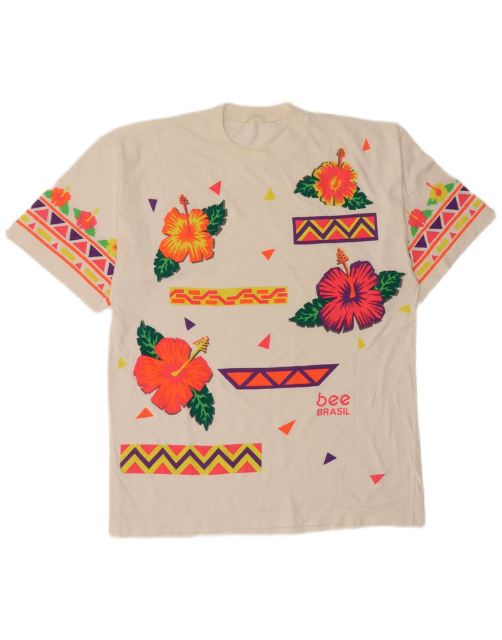 Vintage Mens Graphic T-Shirt Top Medium White Floral