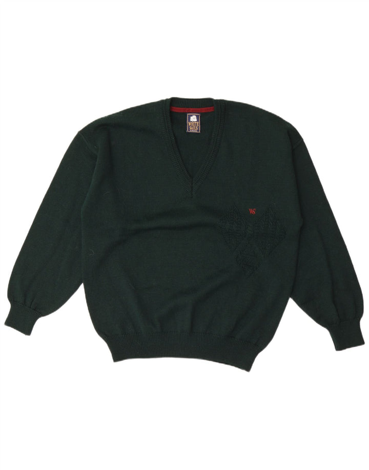 White Sails Mens V-Neck Jumper Sweater Large Green Wool