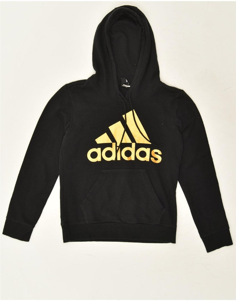 ADIDAS Womens Graphic Hoodie Jumper UK 12 Medium Black Cotton | Vintage Adidas | Thrift | Second-Hand Adidas | Used Clothing | Messina Hembry 