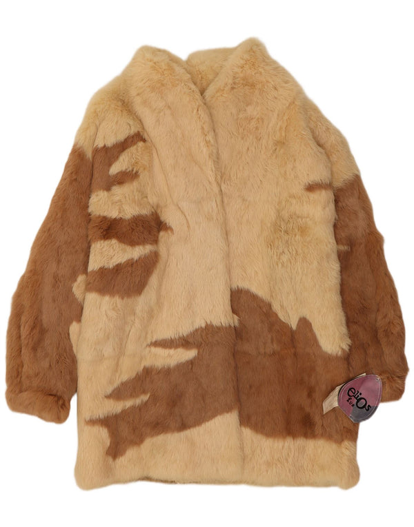 Elios Womens Oversized Fur Coat IT 44 Medium Beige Colourblock Rabbit Fur