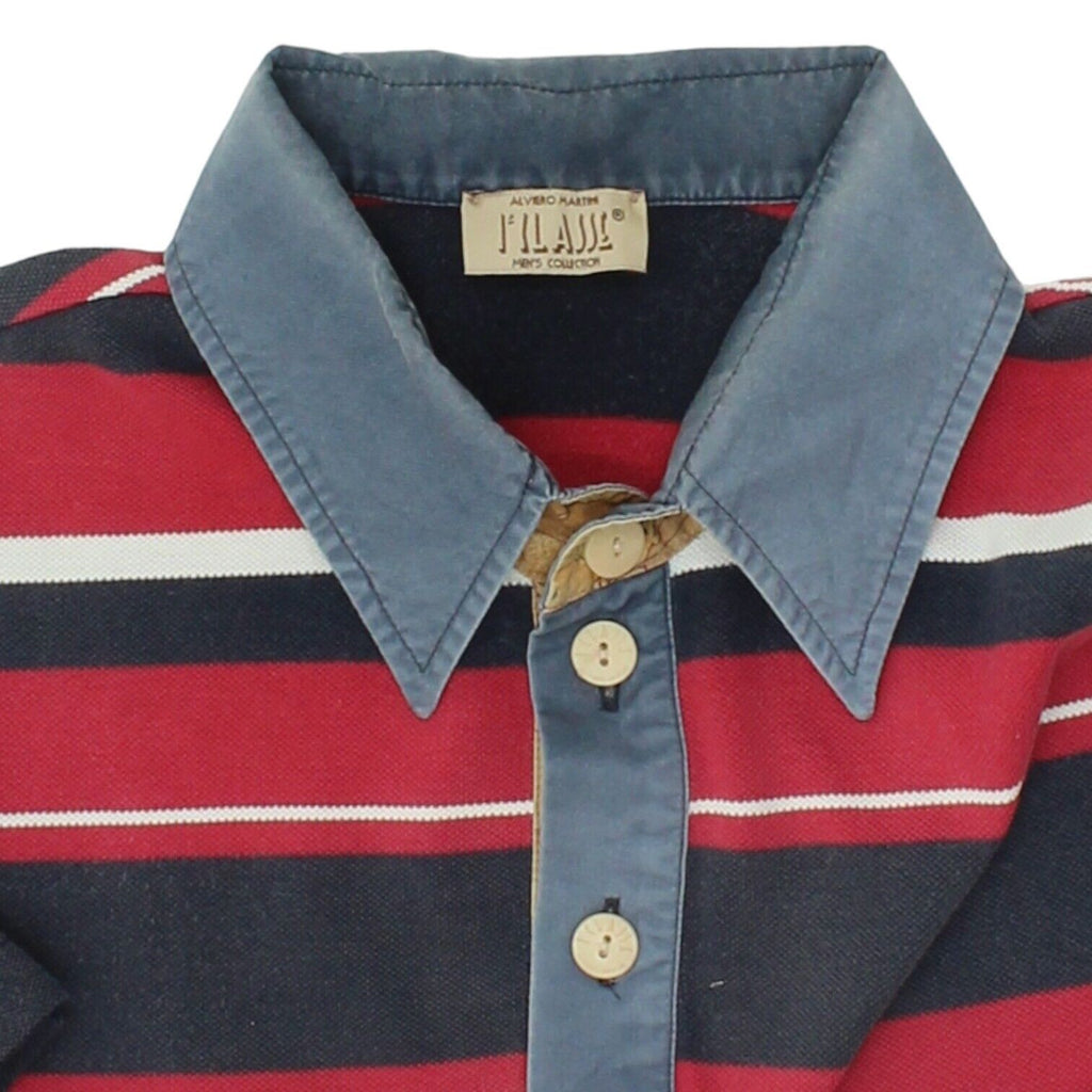 Alviero Martini 1a Classe Mens Red Navy Striped Polo Shirt | Vintage Designer Vintage Messina Hembry and Second-Hand Messina Hembry from Messina Hembry 