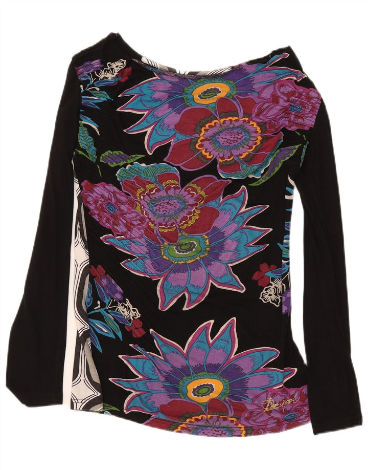 DESIGUAL Womens Graphic Top Long Sleeve UK 12 Medium Black Floral Viscose
