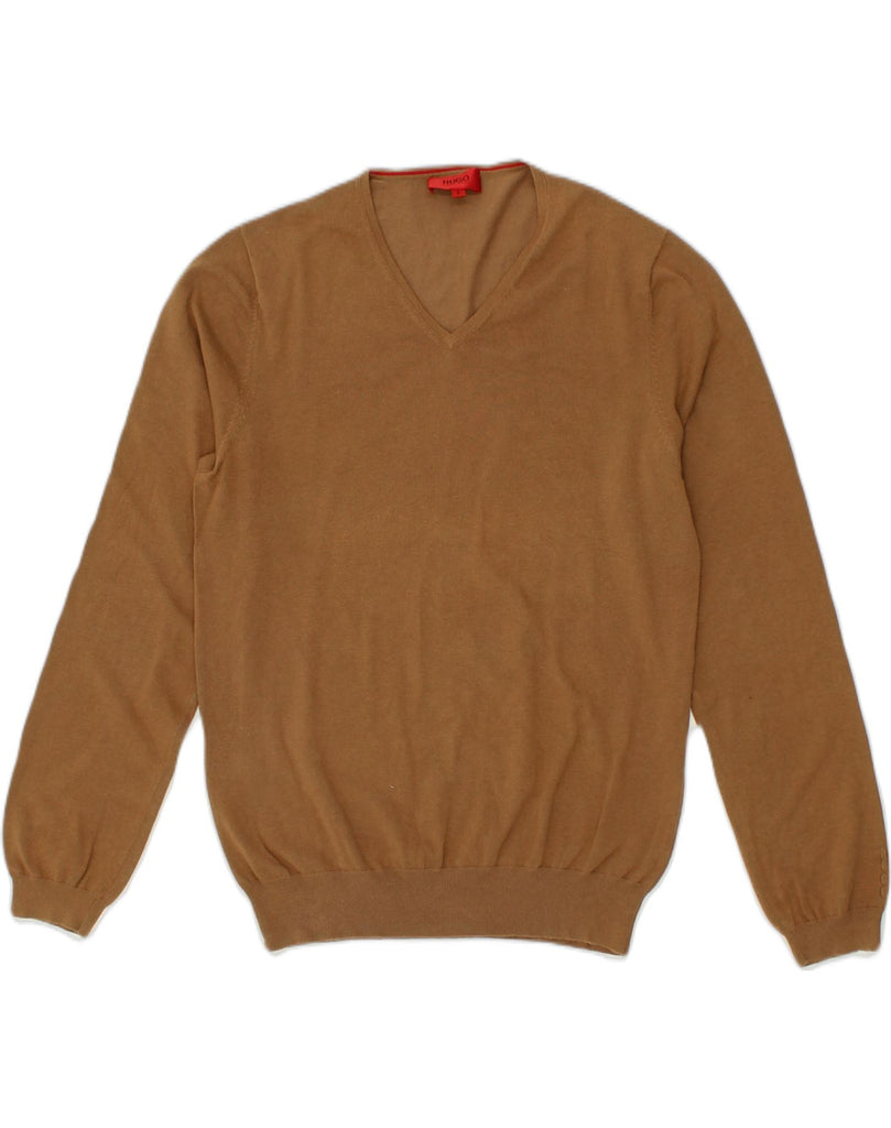 HUGO BOSS Mens V-Neck Jumper Sweater Large Brown Cotton | Vintage Hugo Boss | Thrift | Second-Hand Hugo Boss | Used Clothing | Messina Hembry 