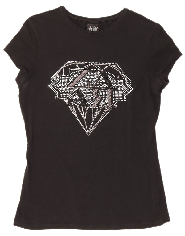 Zara Womens Graphic T-Shirt Top UK 12 Medium Black Cotton