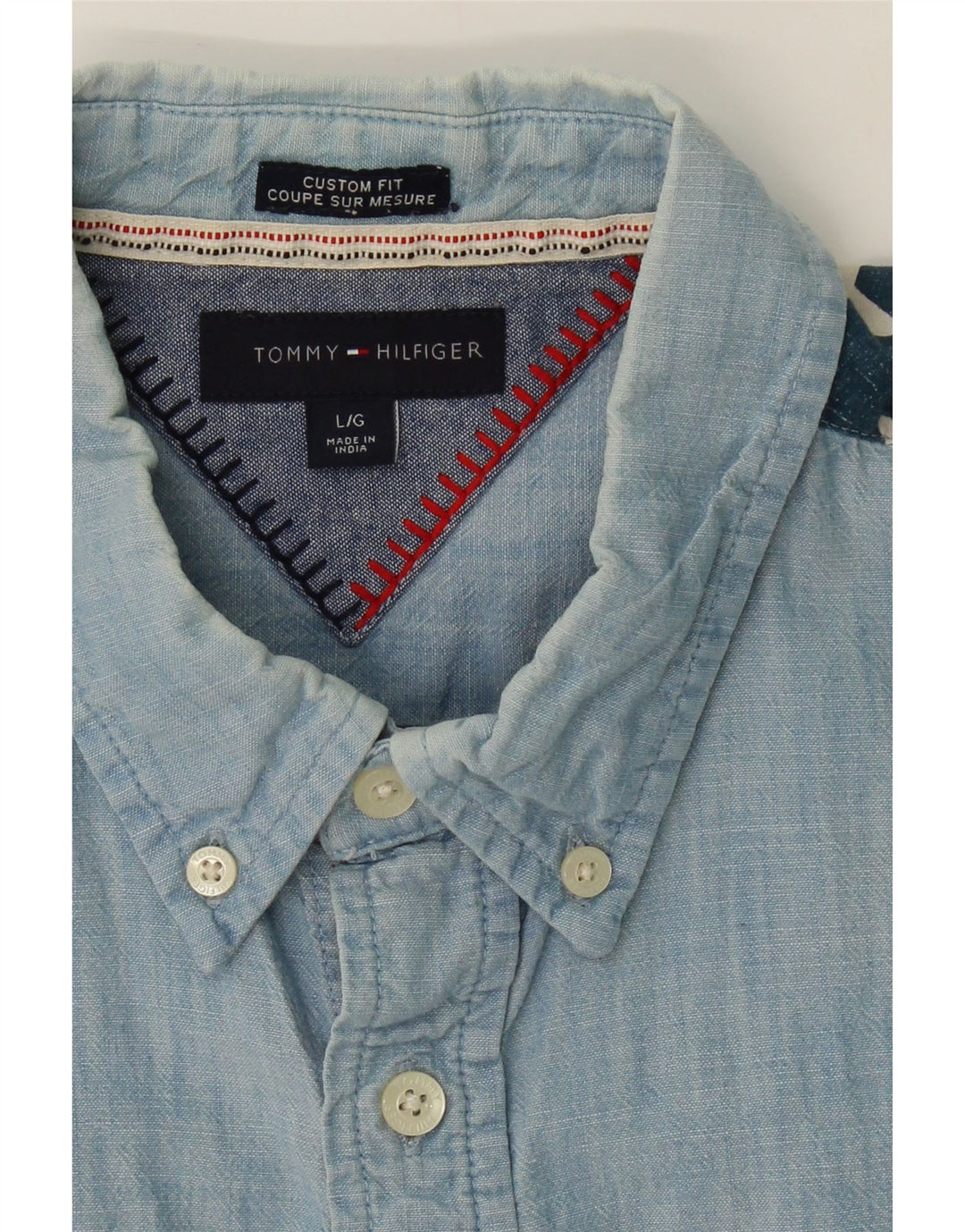 TOMMY HILFIGER Mens Custom Fit Shirt Large Blue Colourblock Cotton Vintage Tommy Hilfiger and Second-Hand Tommy Hilfiger from Messina Hembry 