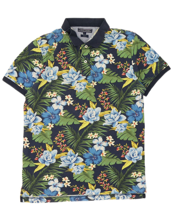 Tommy Hilfiger Mens Slim Fit Polo Shirt Large Navy Blue Floral Cotton