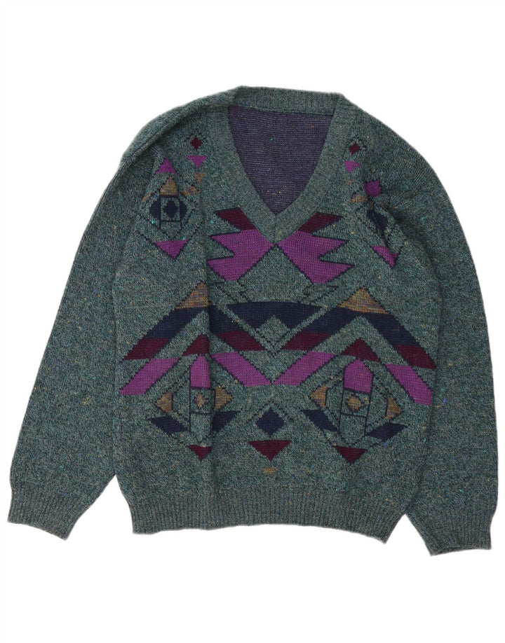 Vintage Mens V-Neck Jumper Sweater Large Green Geometric