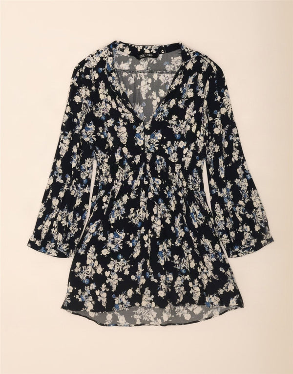 Zara Womens Long Sleeve Oversized A-Line Dress UK 10 Small Navy Blue Floral