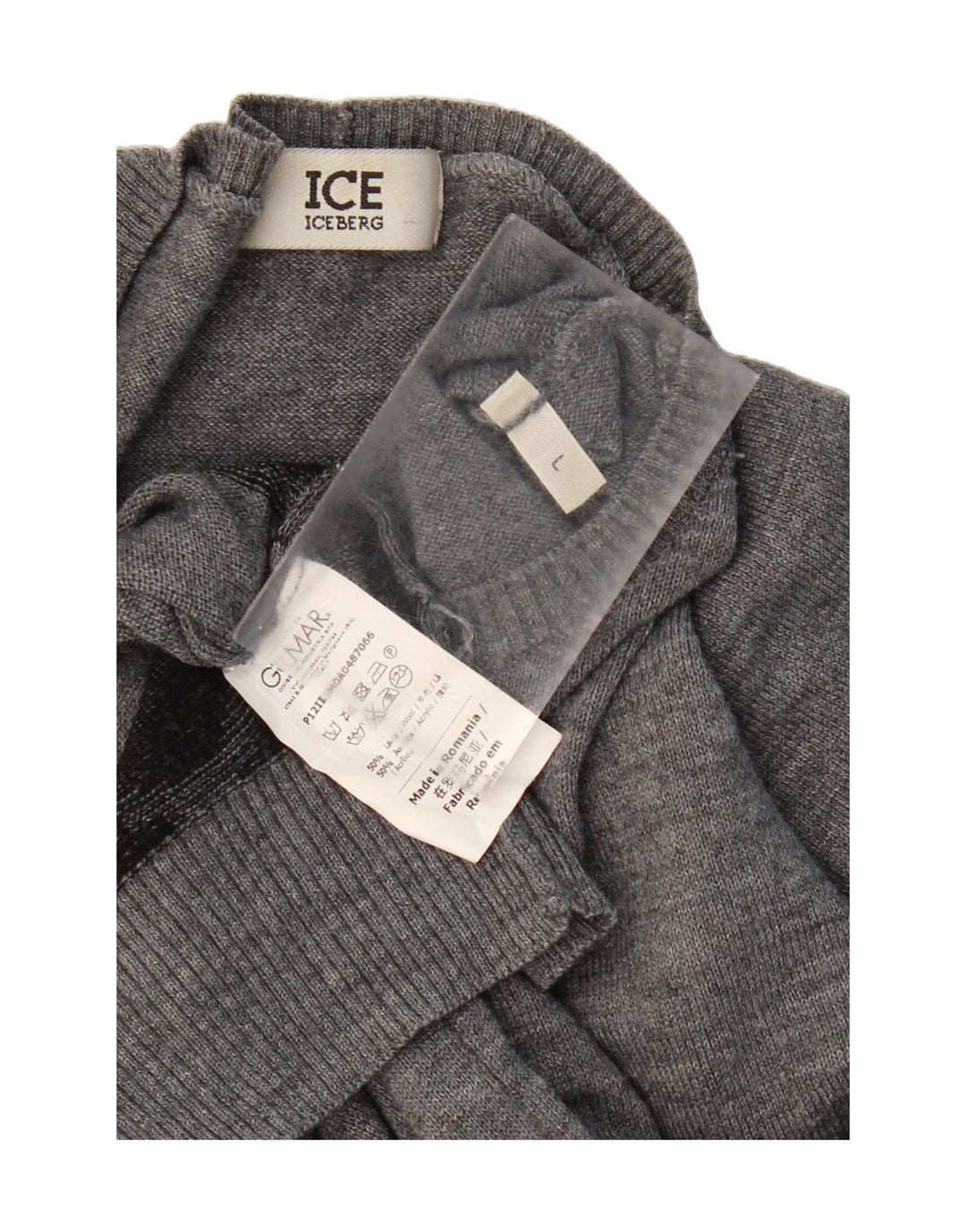 ICEBERG Womens Graphic Crew Neck Jumper Sweater UK 16 Large Grey Wool Vintage Iceberg and Second-Hand Iceberg from Messina Hembry 