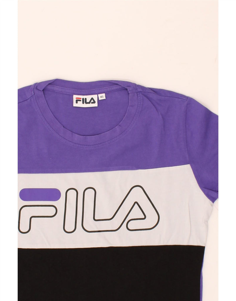 FILA Womens Graphic T-Shirt Top UK 6 XS Purple Colourblock | Vintage Fila | Thrift | Second-Hand Fila | Used Clothing | Messina Hembry 