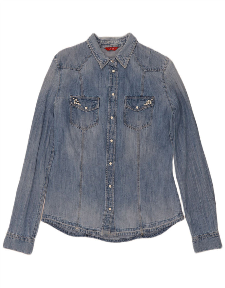 Guess Womens Denim Shirt UK 8 Small Blue Cotton