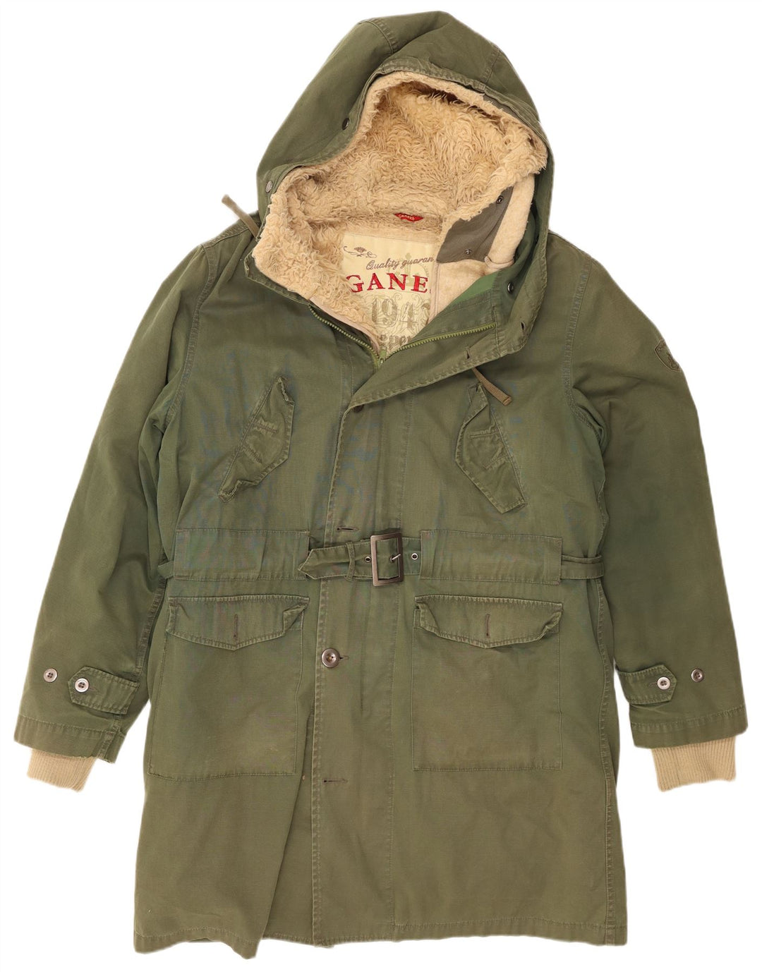 Ganesh Mens Hooded Parka Jacket UK 40 Large Khaki Cotton