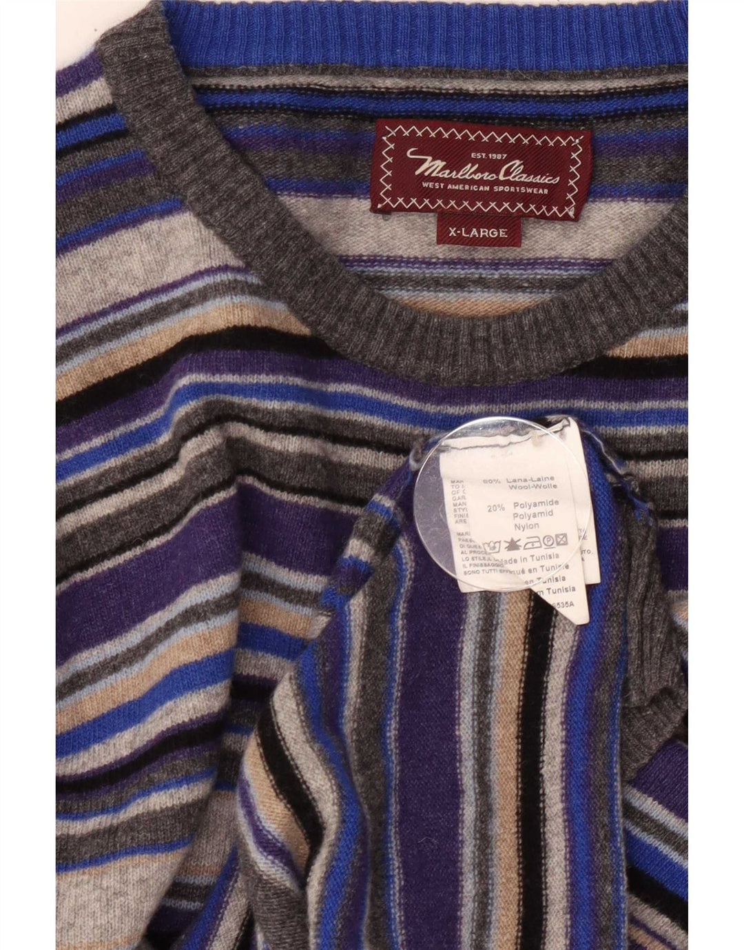Marlboro Classics Mens Crew Neck Jumper Sweater XL Multicoloured Striped