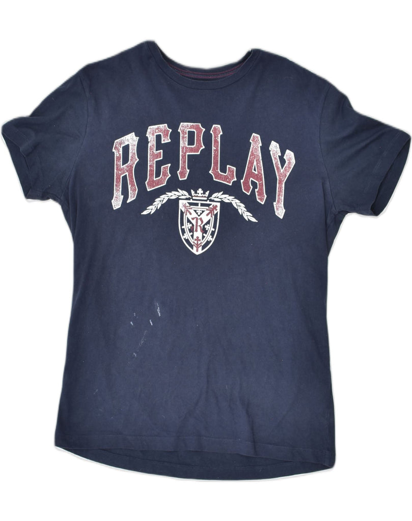 REPLAY Womens Graphic T-Shirt Top UK 16 Large Navy Blue Cotton | Vintage | Thrift | Second-Hand | Used Clothing | Messina Hembry 