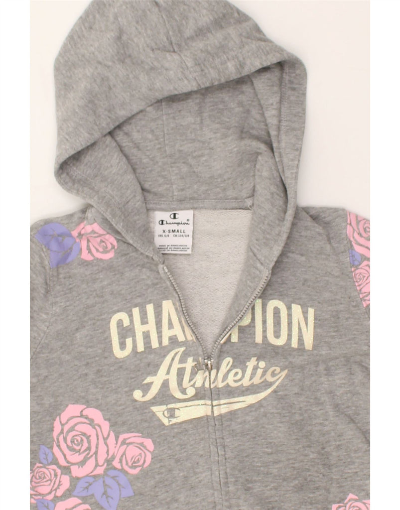 CHAMPION Girls Graphic Zip Hoodie Sweater 5-6 Years XS Grey Floral Cotton | Vintage Champion | Thrift | Second-Hand Champion | Used Clothing | Messina Hembry 