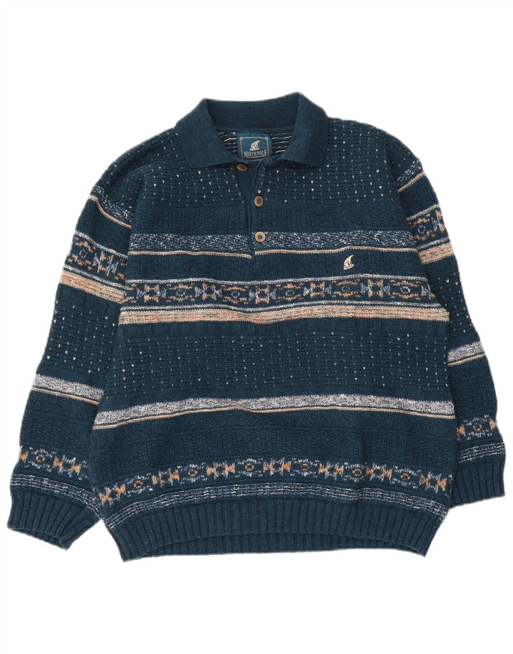 North Pole Mens Polo Neck Jumper Sweater Medium Blue Fair Isle Wool