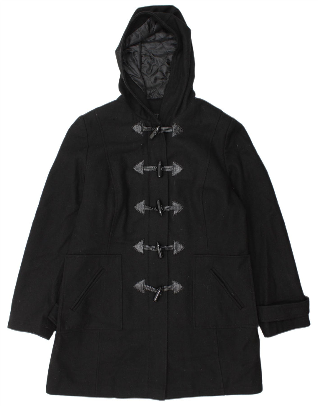 Vintage Womens Hooded Duffle Coat UK 14 Large Black Wool