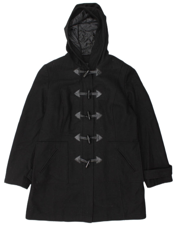 Vintage Womens Hooded Duffle Coat UK 14 Large Black Wool