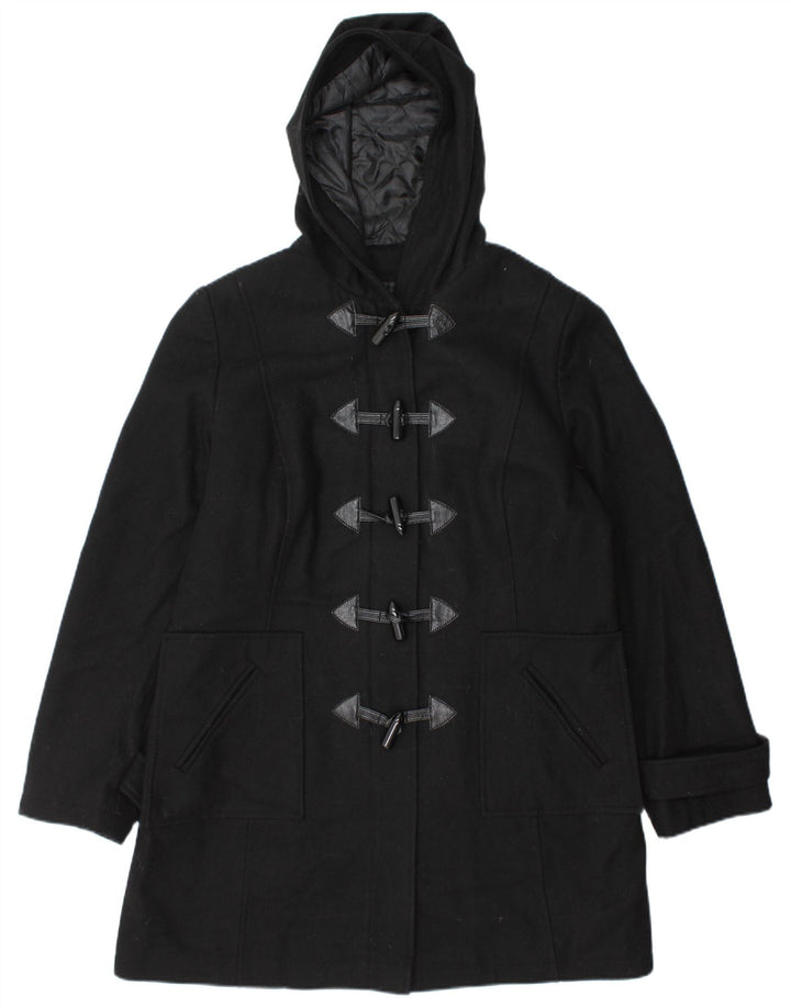 Vintage Womens Hooded Duffle Coat UK 14 Large Black Wool