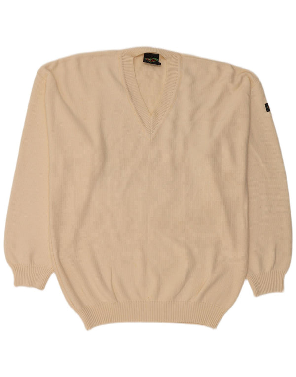 VINTAGE Mens V-Neck Jumper Sweater Large Beige Cotton
