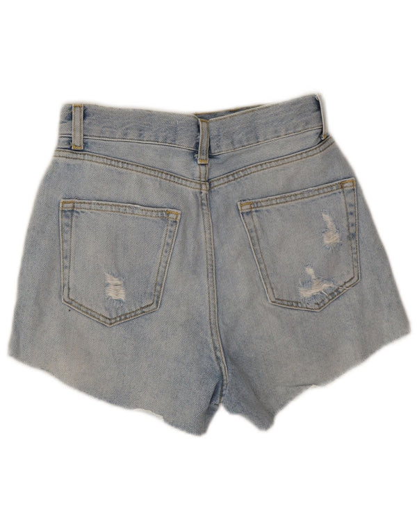 Zara Womens Distressed Denim Shorts EU 32 2XS W22 Blue Striped Cotton