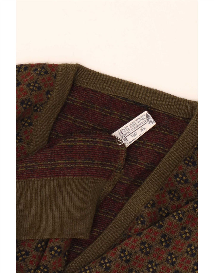 Vintage Mens V-Neck Jumper Sweater Large Khaki Geometric Wool