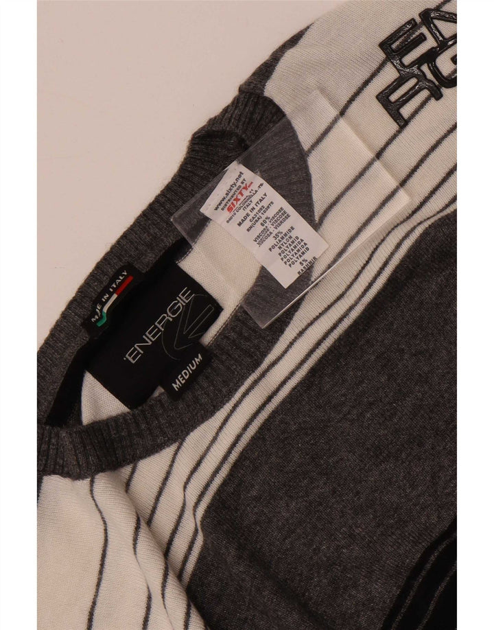 Sixty Mens Crew Neck Jumper Sweater Medium Grey Striped Viscose