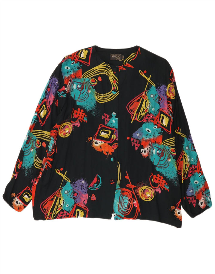Vintage Womens Relaxed Abstract Pattern Shirt Blouse UK 18 XL Black Retro