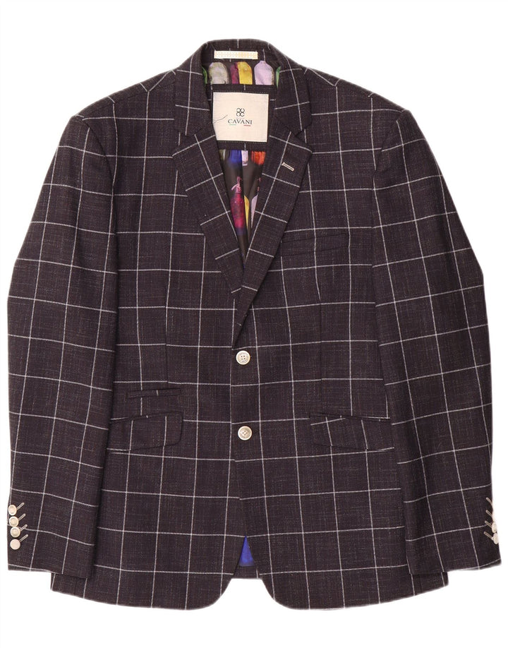 Cavani Mens 2 Button Blazer Jacket UK 42 XL Navy Blue Check Polyester