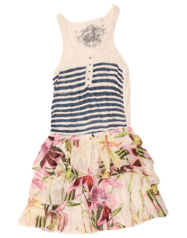 Desigual Womens Graphic Sleeveless Tiered Dress EU 38 Medium White Floral