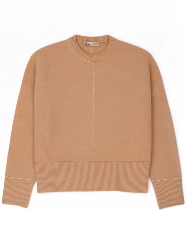 Zara Womens Oversized Crew Neck Jumper Sweater UK 16 Large Beige Acrylic