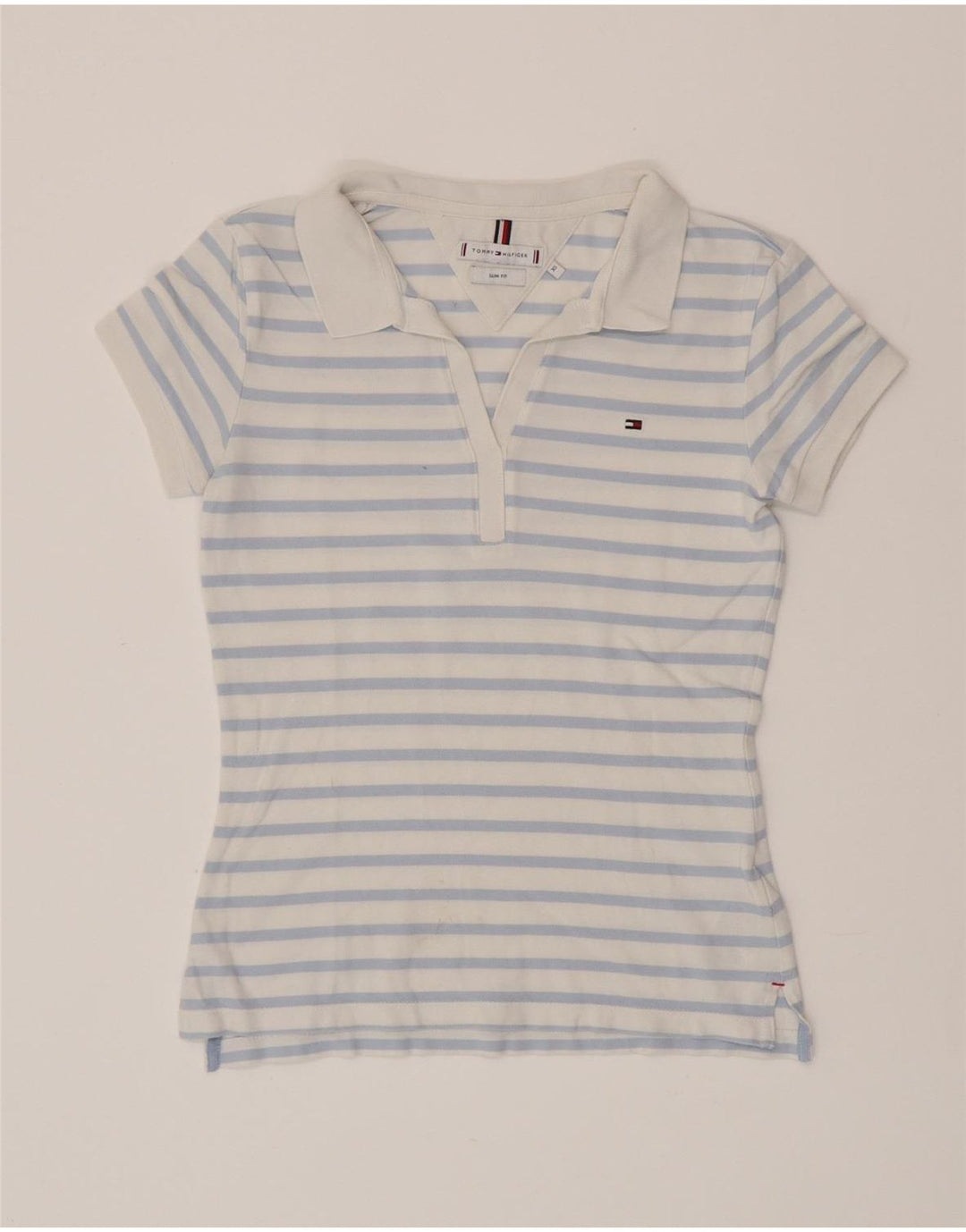 TOMMY HILFIGER Womens Slim Fit Polo Shirt UK 6 XS Blue Striped Cotton
