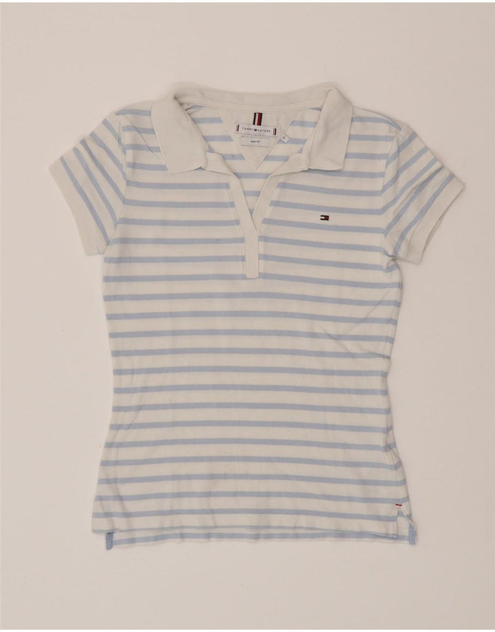 TOMMY HILFIGER Womens Slim Fit Polo Shirt UK 6 XS Blue Striped Cotton
