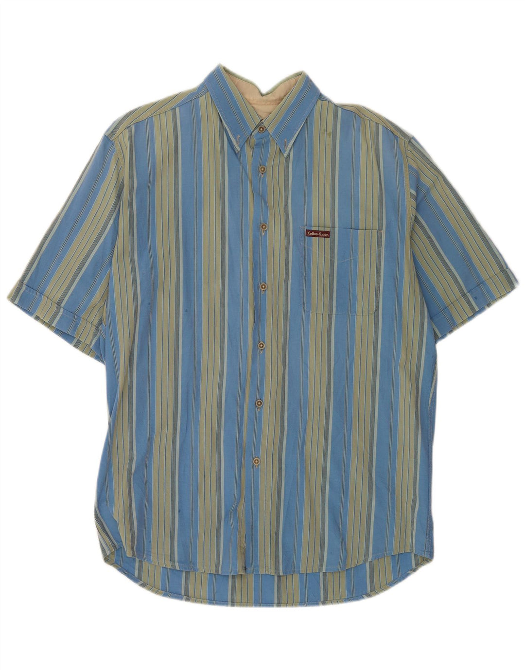 Marlboro Classics Mens Short Sleeve Shirt Large Blue Striped Cotton