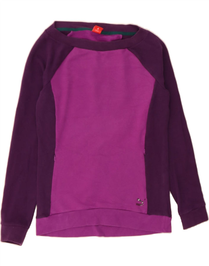 PUMA Womens Sweatshirt Jumper UK 12 Medium Purple Colourblock Cotton Vintage Puma and Second-Hand Puma from Messina Hembry 