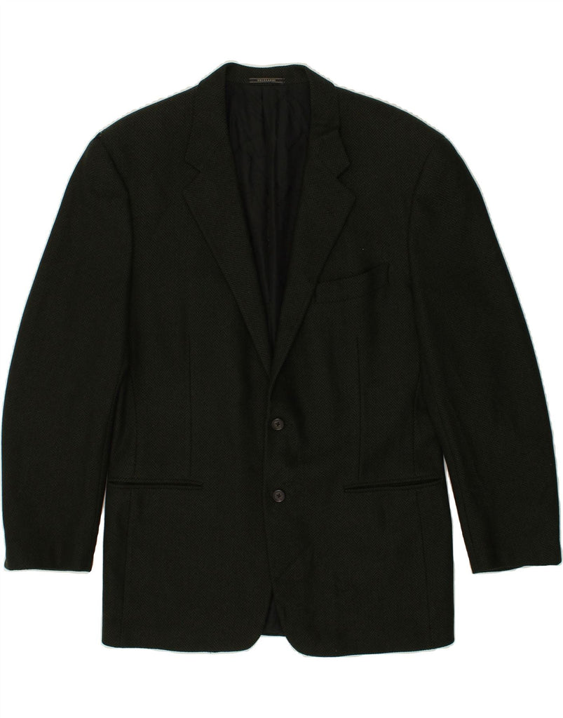 TRUSSARDI Mens 2 Button Blazer Jacket UK 40 Large Green Chevron Wool | Vintage Trussardi | Thrift | Second-Hand Trussardi | Used Clothing | Messina Hembry 