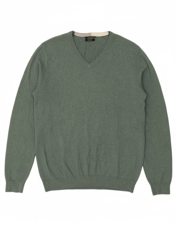 MASSIMO DUTTI Mens V-Neck Jumper Sweater XL Green Cotton