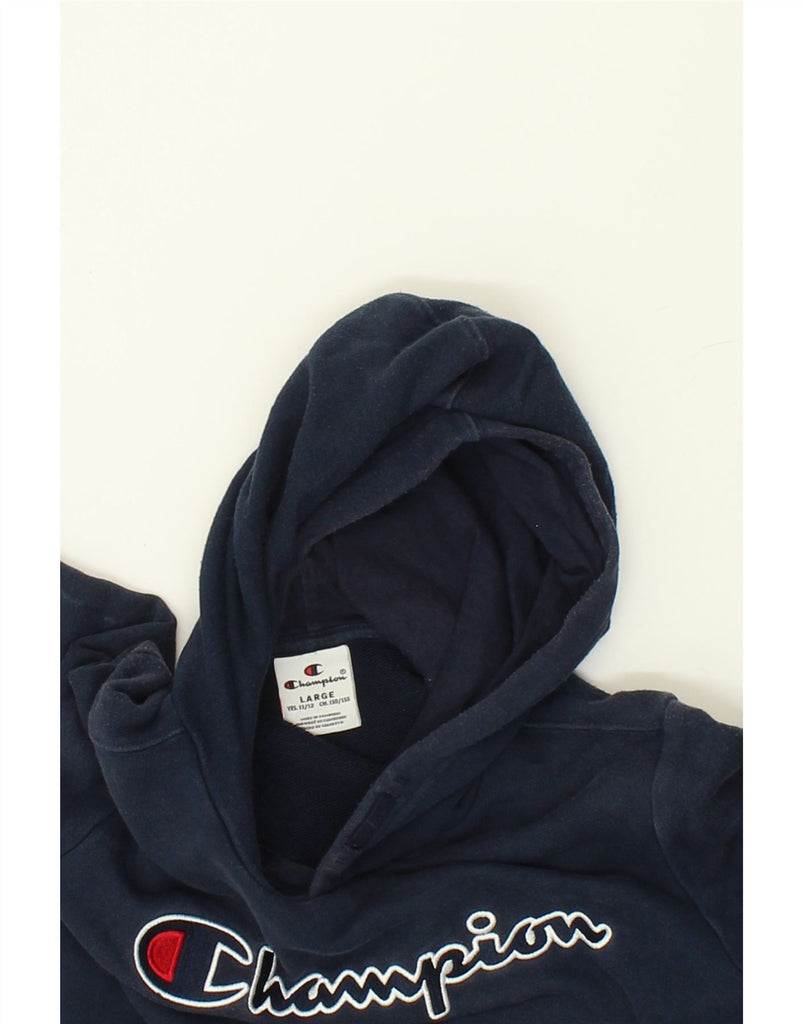 CHAMPION Boys Graphic Hoodie Jumper 11-12 Years Large Navy Blue Cotton | Vintage Champion | Thrift | Second-Hand Champion | Used Clothing | Messina Hembry 