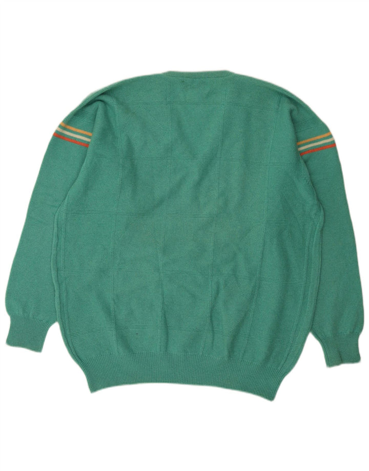 Pringle Mens V-Neck Jumper Sweater Large Turquoise Striped Wool