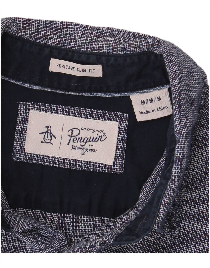 Penguin Mens Heritage Slim Fit Shirt Medium Navy Blue Geometric Rayon