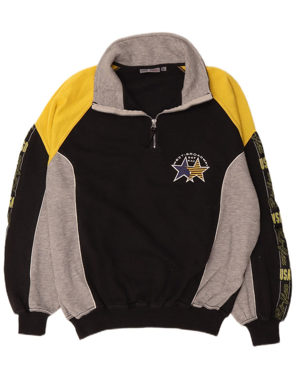 Vintage Mens Graphic Zip Neck Sweatshirt Jumper XL Black Colourblock Cotton