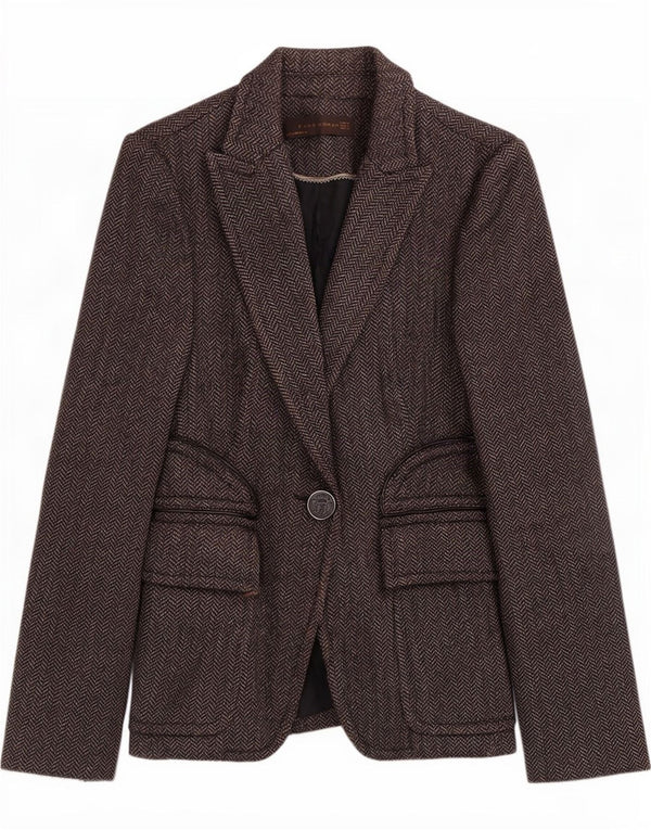 Zara Womens 1 Button Blazer Jacket UK 8 Small Grey Herringbone Polyester