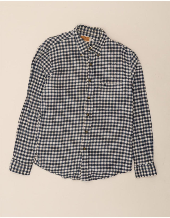 CONTE OF FLORENCE Mens Flannel Shirt Large Navy Blue Gingham Cotton